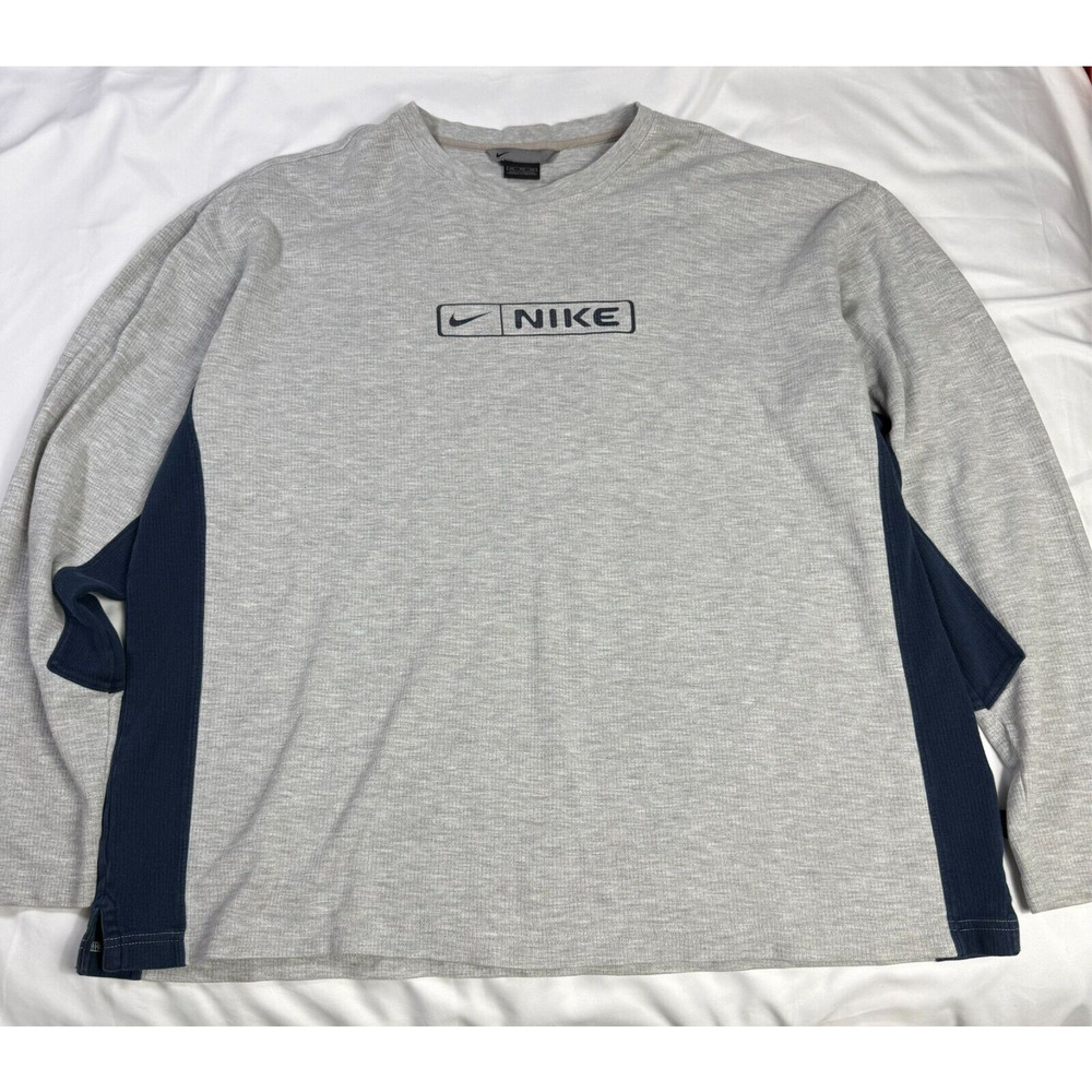 VINTAGE Nike Shirt Mens 2XL Gray Blue Long Sleeve Bubble Spellout Logo Y2K